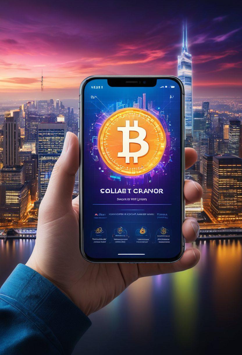 A futuristic digital wallet interface overflowing with vibrant cryptocurrencies and secure payment options, surrounded by an ethereal glow. In the background, a city skyline represents a thriving e-commerce environment with cutting-edge technology, showcasing diverse people engaging in seamless transactions. The atmosphere should convey trust, safety, and innovation. vibrant colors. 3D.