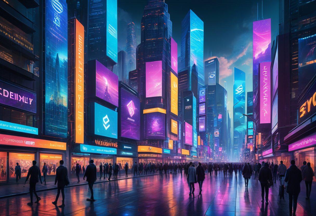 A futuristic city skyline with bustling digital storefronts, holographic signs displaying crypto currency symbols, and individuals using mobile devices for payments. The scene should depict a harmonious blend of technology and commerce, highlighting mobile payments and cryptocurrency in action. A glowing network of connections can illustrate e-commerce and fintech evolution. cyberpunk. vibrant colors. super-realistic.